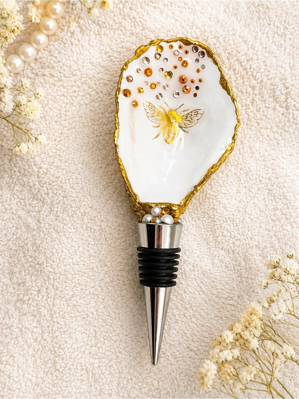 Gold & White Bee Oyster Shell Wine Stopper, Handmade by Me